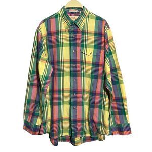 Vintage The Fox Men Button Shirt Size XL Plaid Green Yellow Western Retro Cowboy